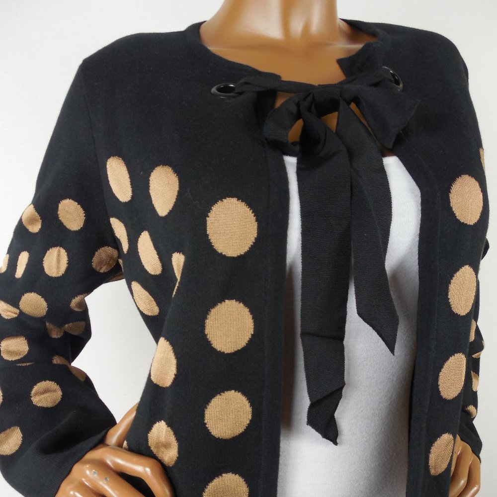 CHICO'S Top L Sz 2 Black/Tan Dot Long Cardigan Sweater Ribbon Tie Heavyweight - Picture 6 of 14